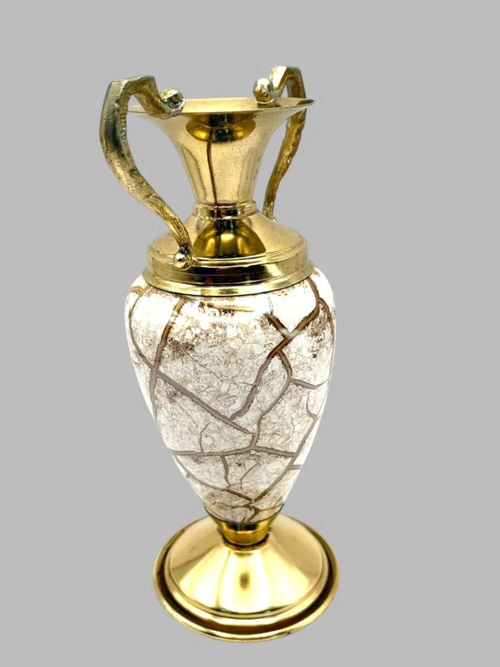 Vintage Holland Brass Crackle Glass Double Handle Urn Vase Hollywood Regency